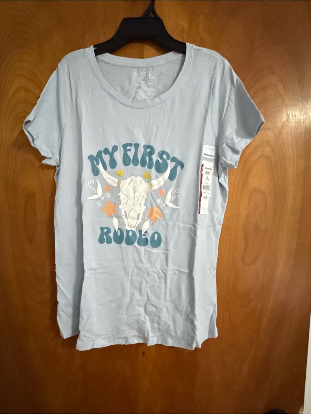 Maternity Light Blue 'My First Rodeo' Graphic Tee